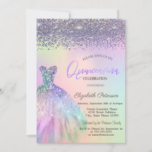 Convite Diamantes Elegantes, Vestido Quinceanera Holográfi