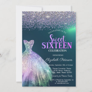 Convite Diamantes Elegantes, Vestido Verde Sweet 16