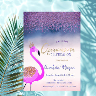 Convite Diamantes,Flamingo Rosa Ombre Quinceañera