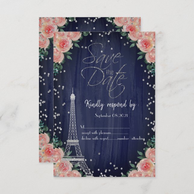 Convite Diamantes Florais de Torre Eiffel Silver RSVP (Frente/Verso)