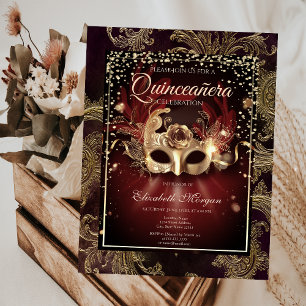 Convite Diamantes Floral Damasco Máscara Quinceañera