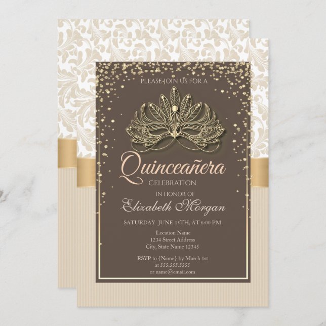 Convite Diamantes Floral Damask Quinceañera (Frente/Verso)