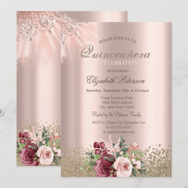 Convite Diamantes Flores Rosa Dourada Quinceañera (Frente/Verso)