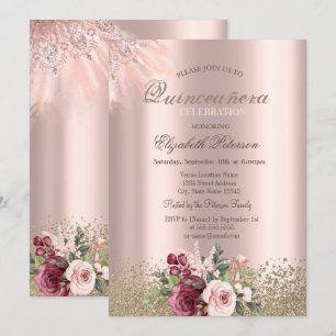 Convite Diamantes Flores Rosa Dourada Quinceañera