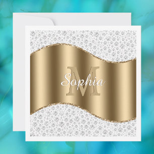 Convite Diamantes Glam, Monograma Dourado, Nome em Letra C