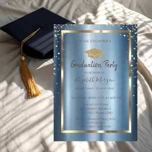 Convite Diamantes Gorro de Graduação Dourado Azul Metálico