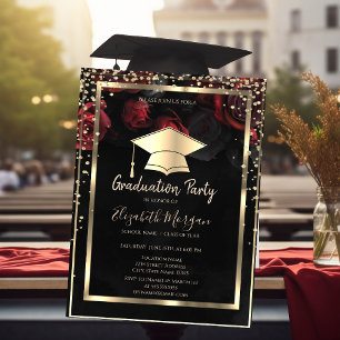 Convite Diamantes Grad Cap Ouro Rosas Vermelhas Graduação