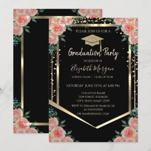 Convite Diamantes Graduação Dourada Floral Tampa de Gradua