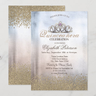 Convite Diamantes Modern Gold, Quinceañera Metálica Tiara