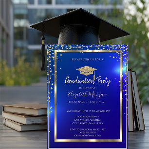 Convite Diamantes Moldura Dourado Gorro de Gradução Azul G