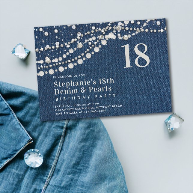 Convite Diamantes Pearls Denim Elegant Classy 18º Aniversá (denim diamonds pearls 18 eighteenth birthday party invitation modern contemporary classy elegant )