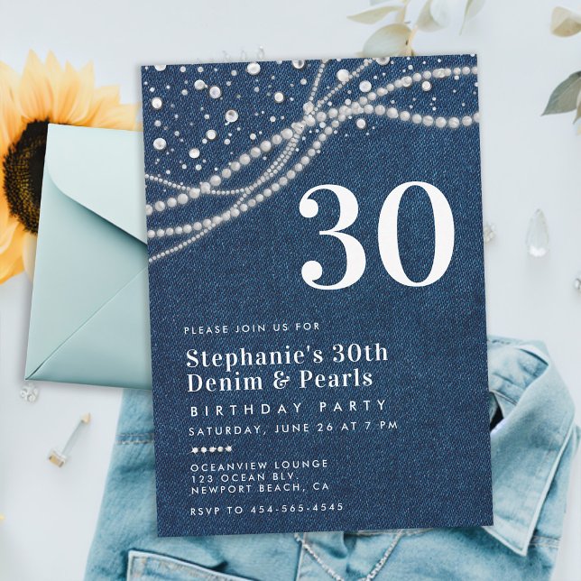 Convite Diamantes Pearls Denim Elegant Classy aniversário  (denim pearls 30th birthday party invitation template for women elegant classy rustic chic feminine)