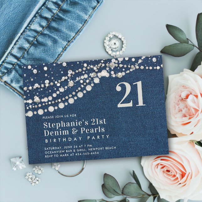 Convite Diamantes Pearls Denim Elegant Classy aniversário  (denim diamonds pearls 21 twenty-first birthday party invitation modern contemporary classy elegant)