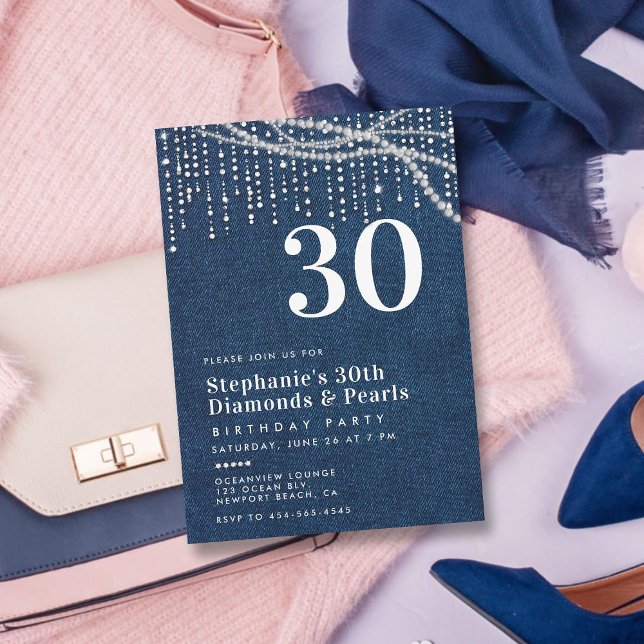 Convite Diamantes Pearls Denim Modern Classn aniversário d (diamonds and pearls 30th birthday party invitation for women elegant classy modern chic glam thirty)