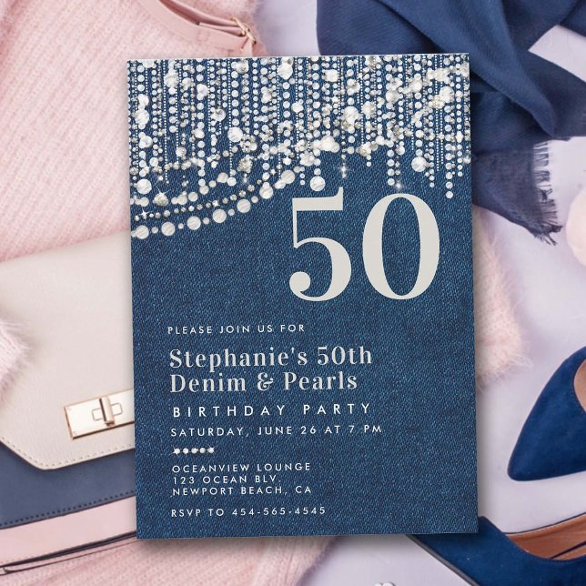 Convite Diamantes Pearls Fringe Jean Denim 50º Aniversário (diamonds pearls 50th birthday invitation for women bling party elegant classy chic modern glam jean)