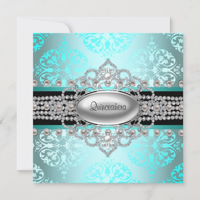 Convite Diamantes Pérolas Azul Turquesa Quinceanera (Frente)