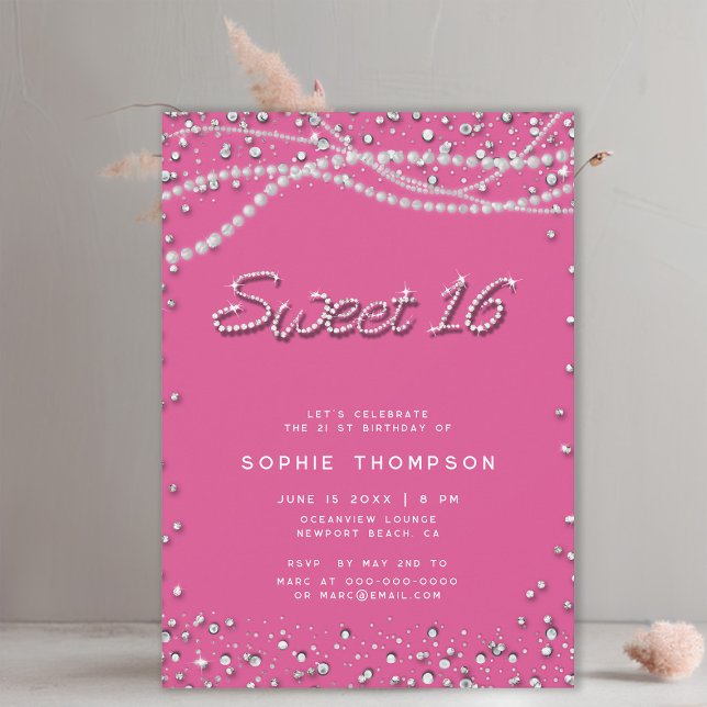 Convite Diamantes Pérolas Bonito Pinças Elegante Rosa 16 (diamonds and pearls sweet 16 birthday party invitation template for girls elegant classy chic girly)