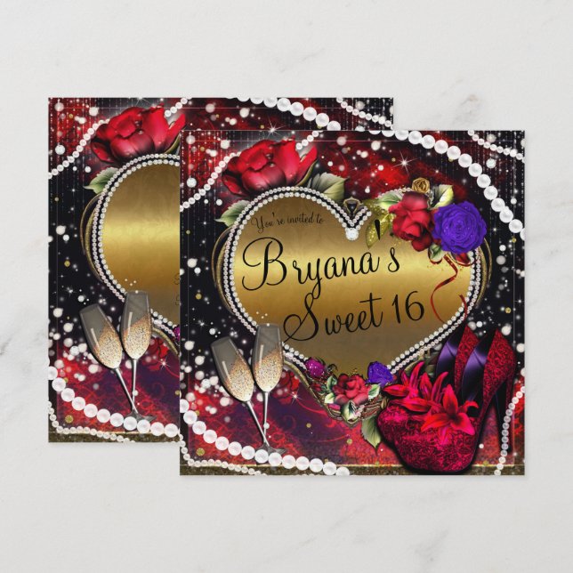 Convite Diamantes Pérolas Coração Saltos Altos Doce 16 Ano (Frente/Verso)