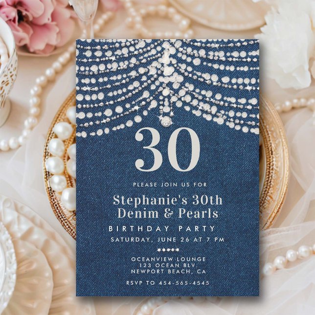 Convite Diamantes Pérolas Denim Glitz Glam aniversário de  (diamonds pearls glitz glam 30th birthday invitation for women denim bling party elegant classy chic)