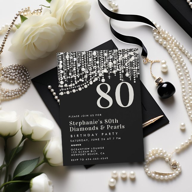 Convite Diamantes Pérolas Fringe 80 Branco Negro Aniversár (diamonds pearls 80th birthday party invitation black white formal elegant classy feminine stylish)