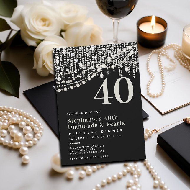 Convite Diamantes Pérolas Pretas aniversário de 40 anos (birthday dinner party invitation 40th for women black white formal elegant diamonds pearls chic lady)