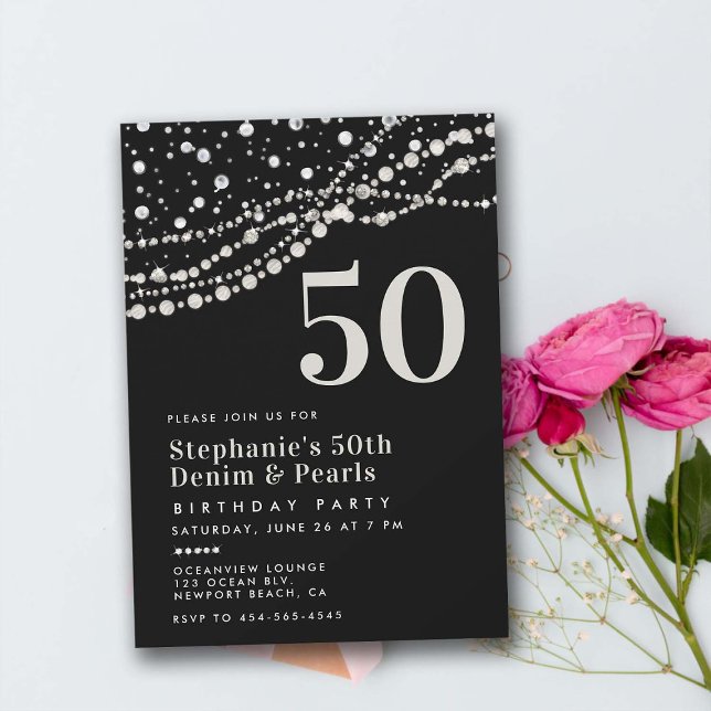 Convite Diamantes Pérolas Pretas Brancas Elegantes 50º Ani (diamonds pearls 50th birthday party invitation for women elegant classy bling chic rustic modern)