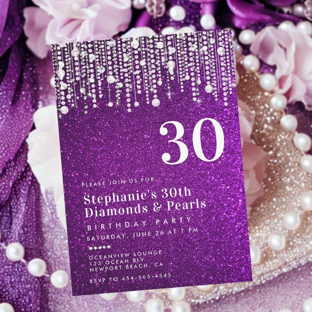 Convite Diamantes Pérolas Roxo Glitter aniversário de 30 a (glitz and glam 30th birthday party invitation for women purple glitter diamonds and pearls elegant )