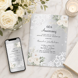 Convite Diamantes prateados florais 60º aniversário de cas