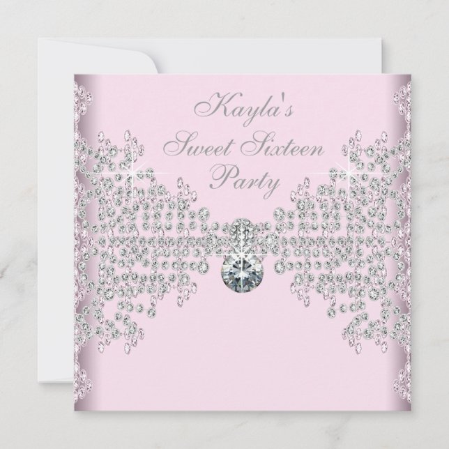 Convite Diamantes Prateados Rosa Doce 16 Festa de aniversá (Frente)