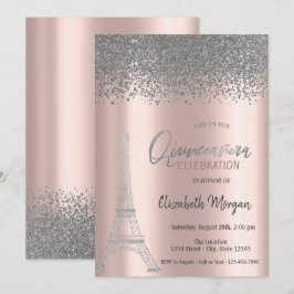 Convite Diamantes Prateados Rosa Dourado,Torre Eiffel Quin