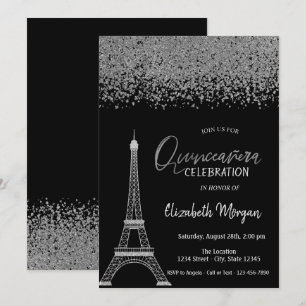 Convite Diamantes Prateados, Torre Eiffel Preta Quinceañer