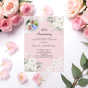 Convite Diamantes rosa florais 60 anos de casamento