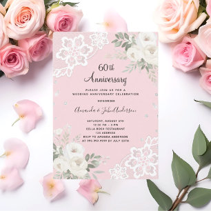 Convite Diamantes rosa florais 60 anos de casamento
