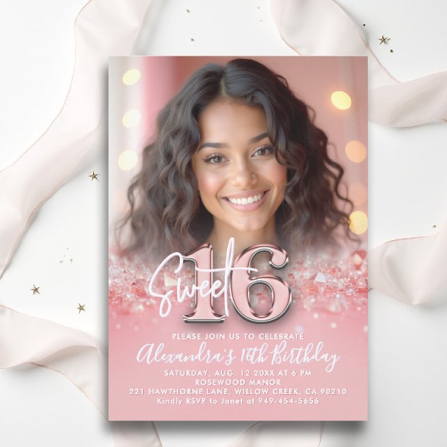 Convite Diamantes Rosa Moderno Dourado Foto Chic Sweet 16 (sweet sixteen invitation 16th birthday diamonds rose gold blush pink photo template fashion teenager)