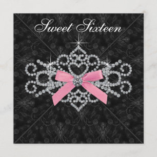 Convite Diamantes Rosa Preto Damasko Festa de Aniversário 