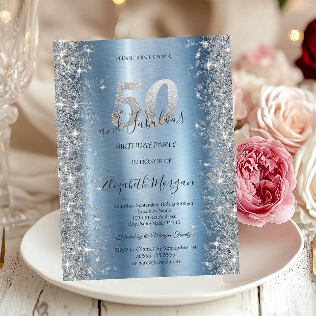 Convite Diamantes Silver Sparkle Azul 50º Aniversário (Criador carregado)