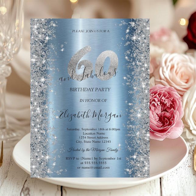 Convite Diamantes Silver Sparkle Azul 60º Aniversário (Criador carregado)