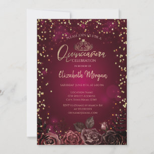 Convite Diamantes,Tiara Rosas Borgonha Quinceañera