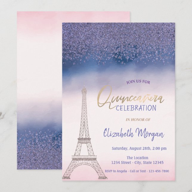 Convite Diamantes, Torre Eiffel Ombre Quinceanera (Frente/Verso)