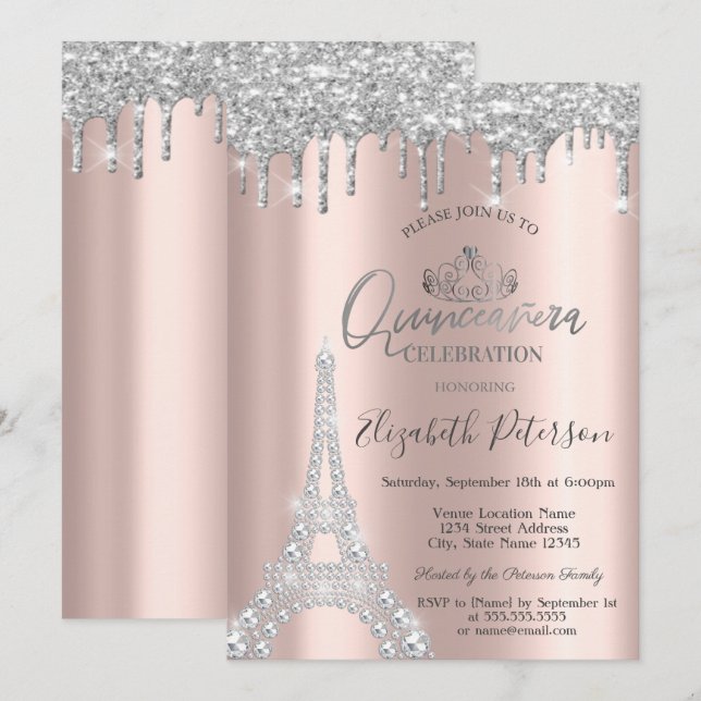 Convite Diamantes Torre Eiffel, Pingentes Prata Quinceañer (Frente/Verso)