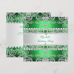 Convite Diamantes Verdes Elegantes Prata Floral Aniversári