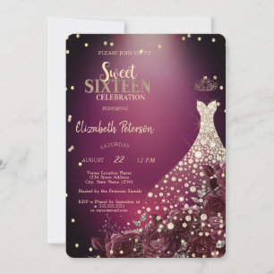 Convite Diamantes,Vestido,Rosas Burgundy Sweet 16