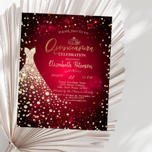 Convite Diamantes, Vestido, Vermelho Quinceañera