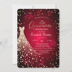 Convite Diamantes, Vestido, Vermelho Quinceañera