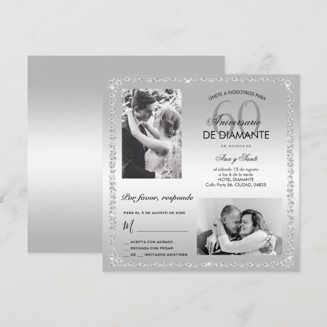 Convite Diamond 60th Wedding Anniversary Double Photo  (Frente/Verso)