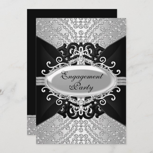 Convite Diamond Black & Silver Festa de noivado Invite (Frente/Verso)