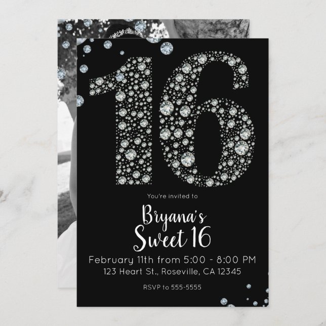 Convite Diamond Bling 16 Foto de Festa de aniversário (Frente/Verso)