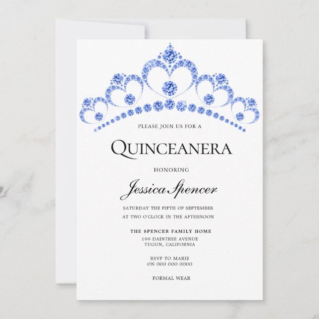 Convite Diamond Blue Glitter Tiara Quinceanera Invite (Frente)