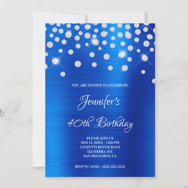 Convite Diamond Confetti Bright Blue Satin (Frente)