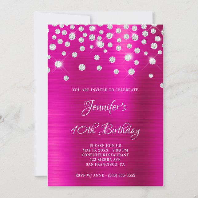 Convite Diamond Confetti Bright Pink Satin Foil Ombre (Frente)